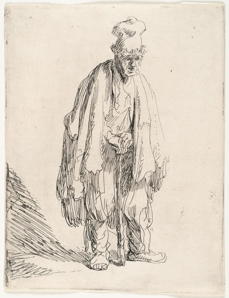 Stehender Bettler mit Mütze und Stock