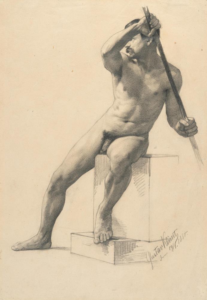 Sitzender Männerakt mit Stab