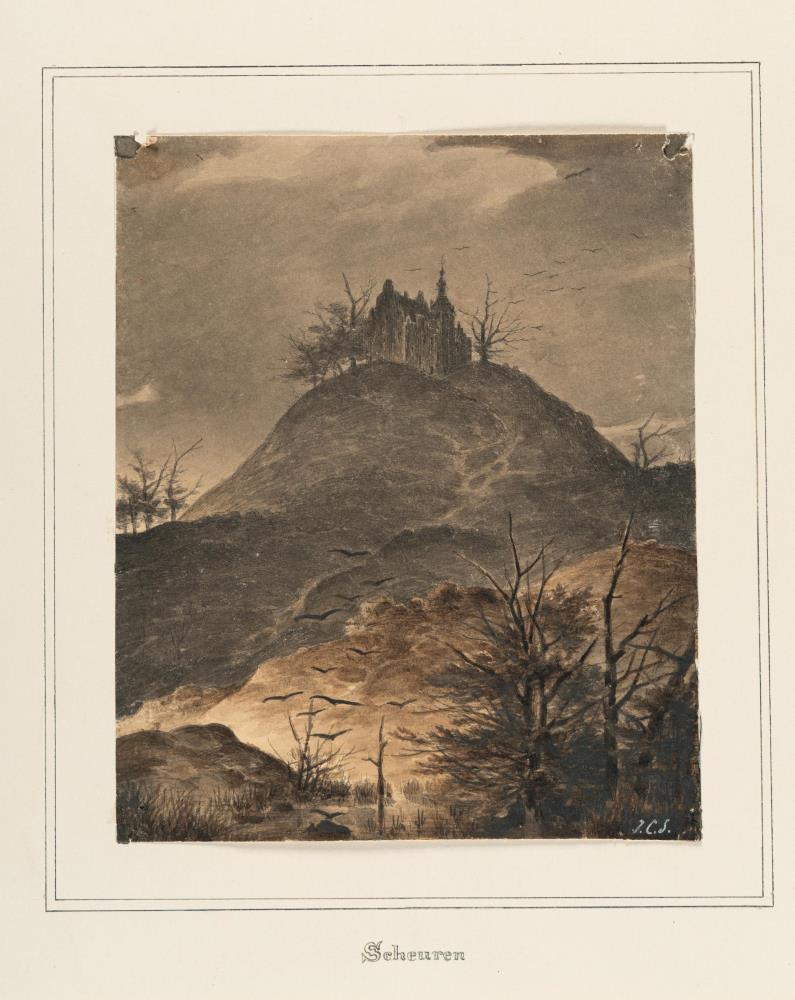 Abendliche Landschaft mit entlaubten Bäumen und Schlösschen auf einer Bergkuppe