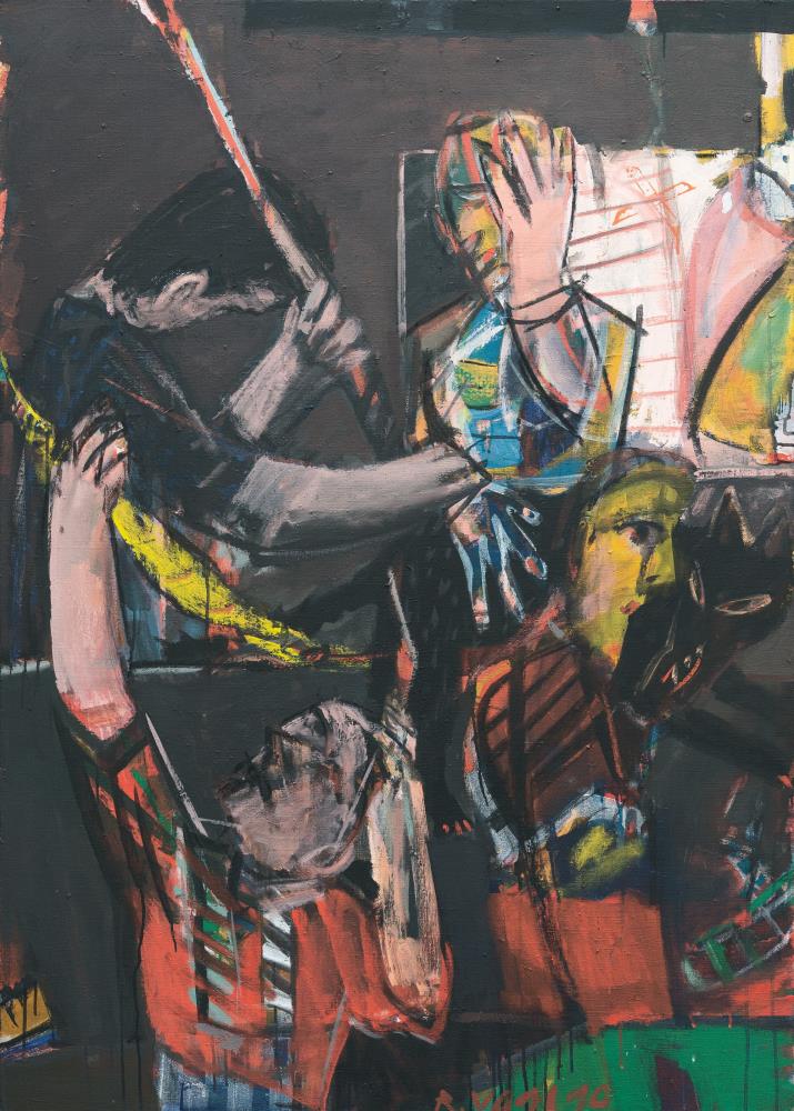 Colourful Figures with a Black Dog