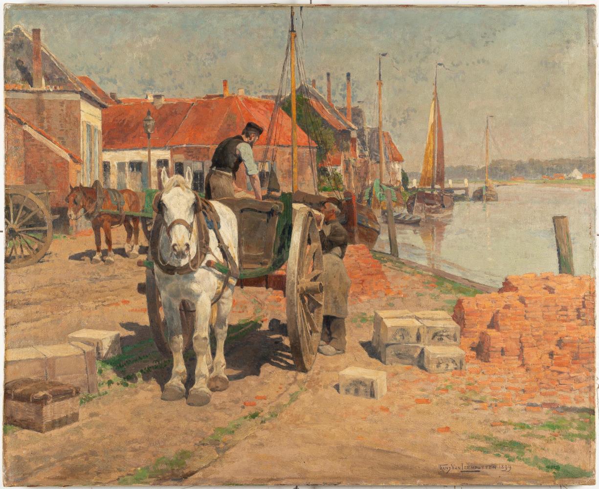 Entladen eines Pferdefuhrwerks am Hafen