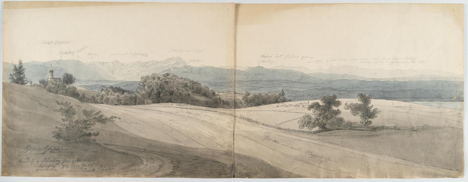 2 Bll.: Voralpenlandschaft von Münsing gegen Mittag (recto-verso)