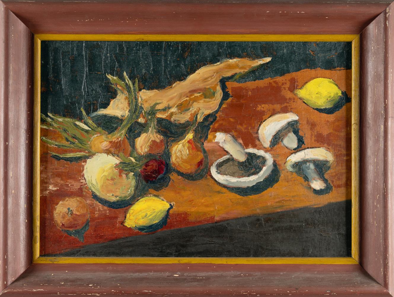 Stillleben mit Champignons, Zwiebeln und Zitronen