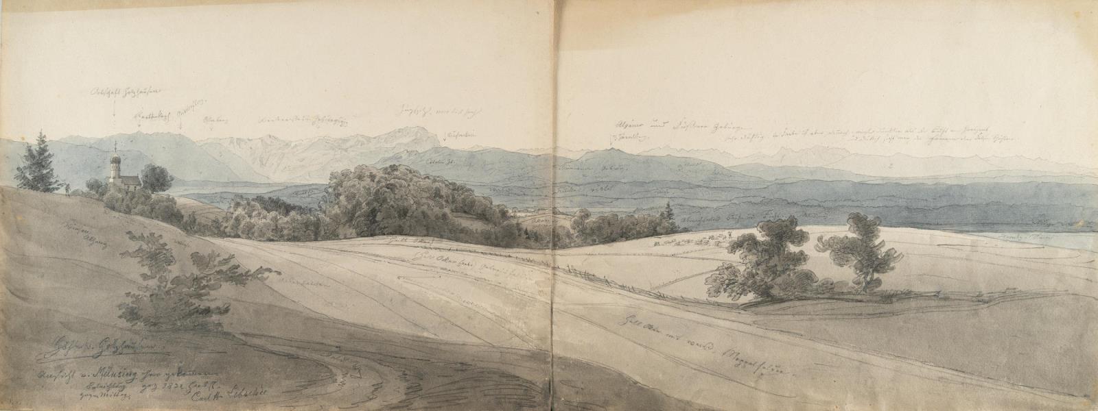 2 Bll.: Voralpenlandschaft von Münsing gegen Mittag (recto-verso)