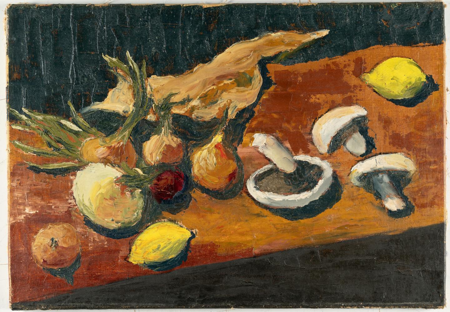 Stillleben mit Champignons, Zwiebeln und Zitronen