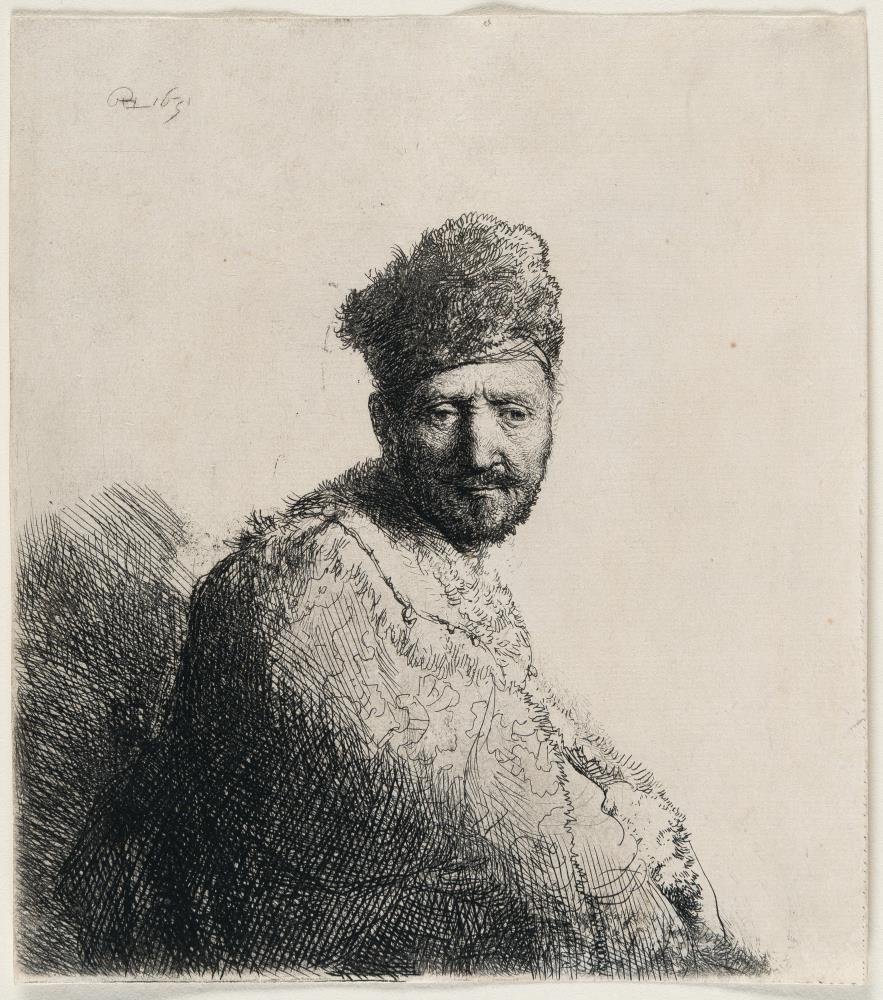 Mann mit kurzem Bart, in gesticktem Pelzmantel