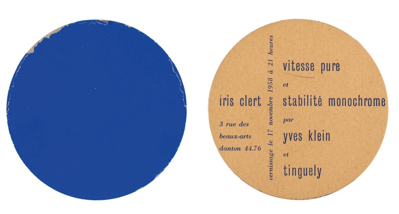 Vitesse pure et stabilité monochrome par Yves Klein et Tinguely (Einladung zur Ausstellung in der Galerie Iris Clert, Paris, November 1958)