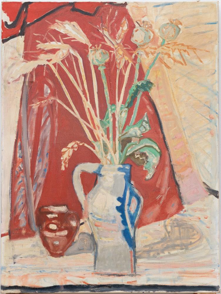 Still life with ears of corn and poppy capsules in a jug