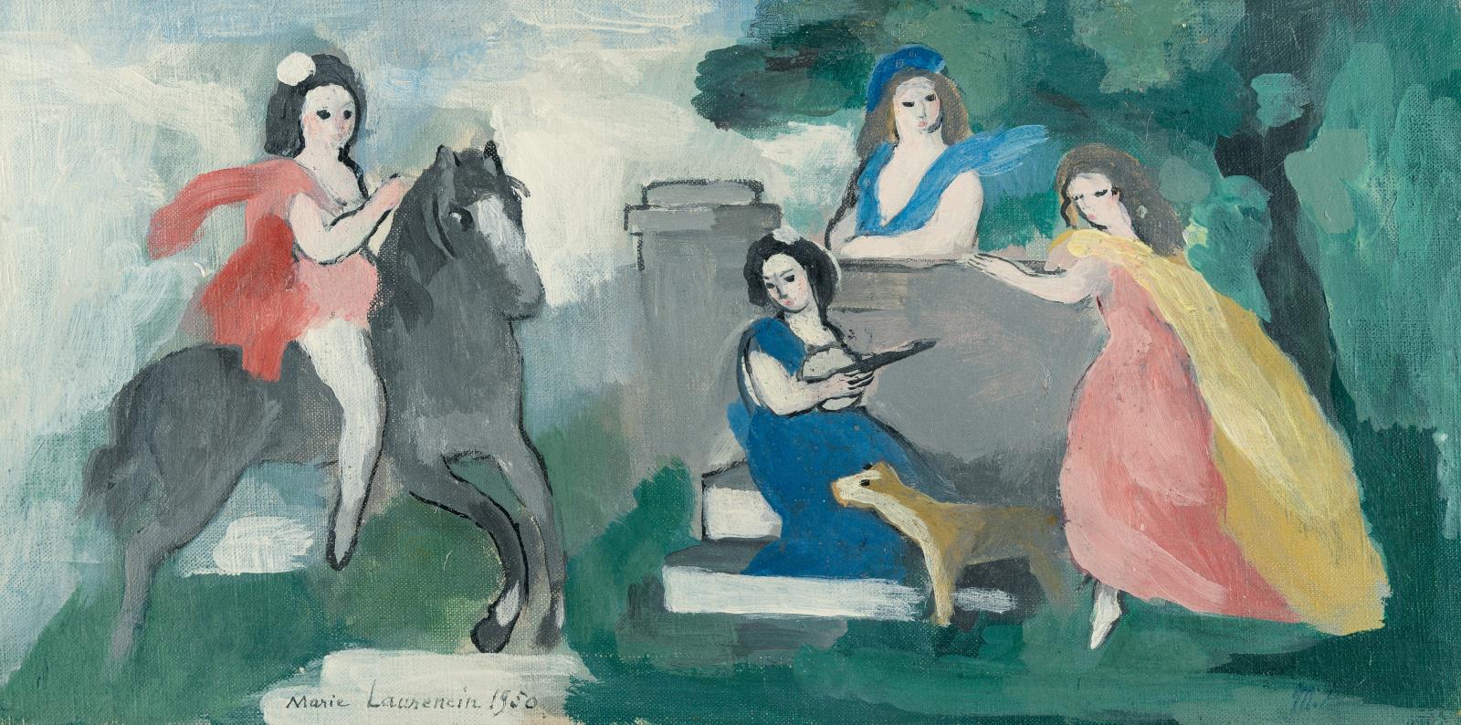 Jeunes filles et cavalière dans un parc