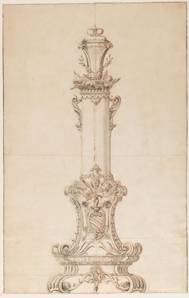 Entwurfszeichnung für eine Prunksäule mit Wappen des Würzburger Fürstbischofs Christof Franz von
Hutten