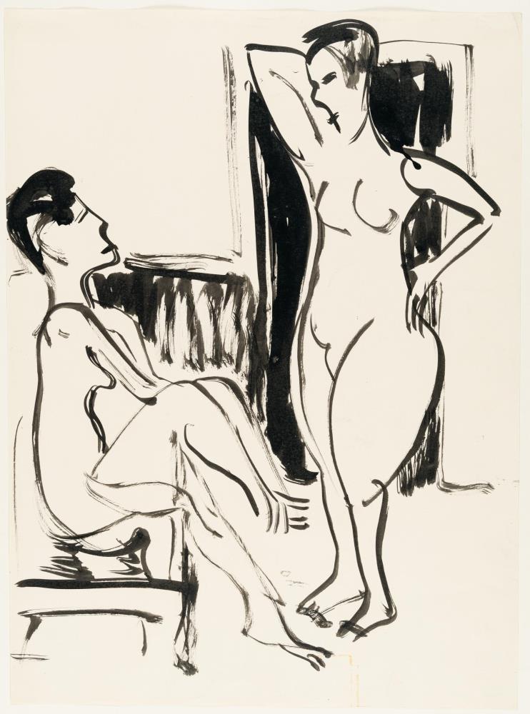 Sitzende und stehende nackte Frau