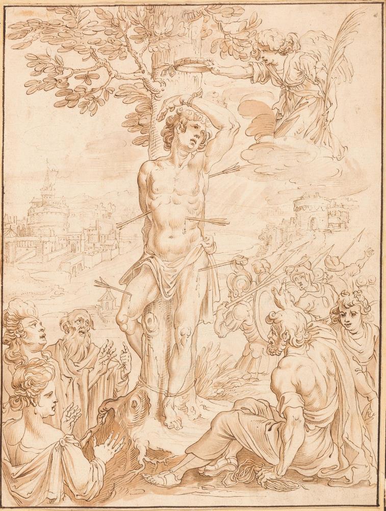 Das Martyrium des hl. Sebastian mit einer Phantasieansicht der Engelsburg im Hintergrund