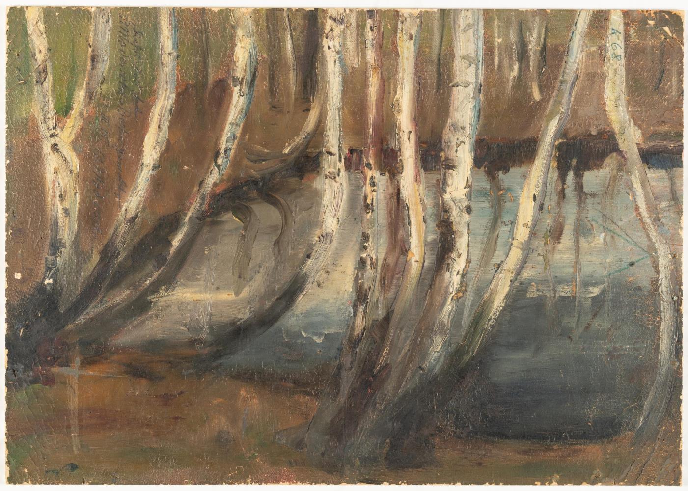 Recto: Sitzendes Kind mit Buch auf dem Schoß – Verso: Tümpel mit Birkenstämmen