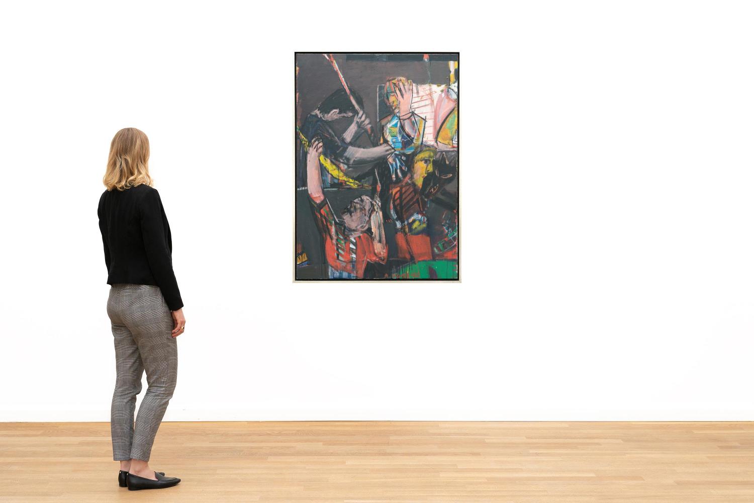 Colourful Figures with a Black Dog