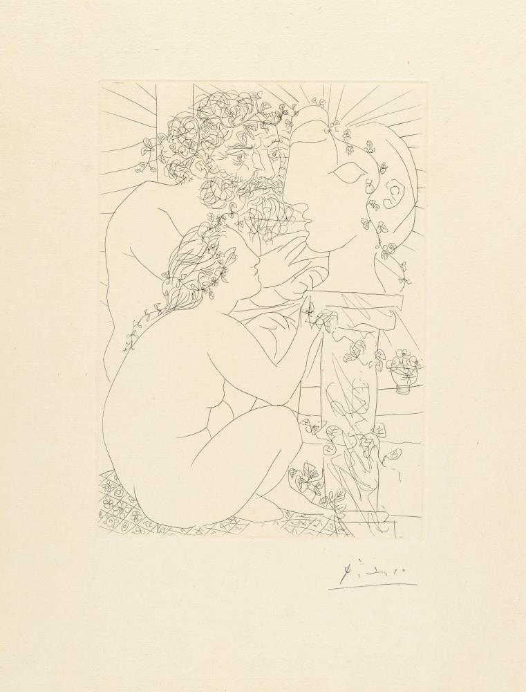 Sculpteur, modèle accroupi et tête sculptée