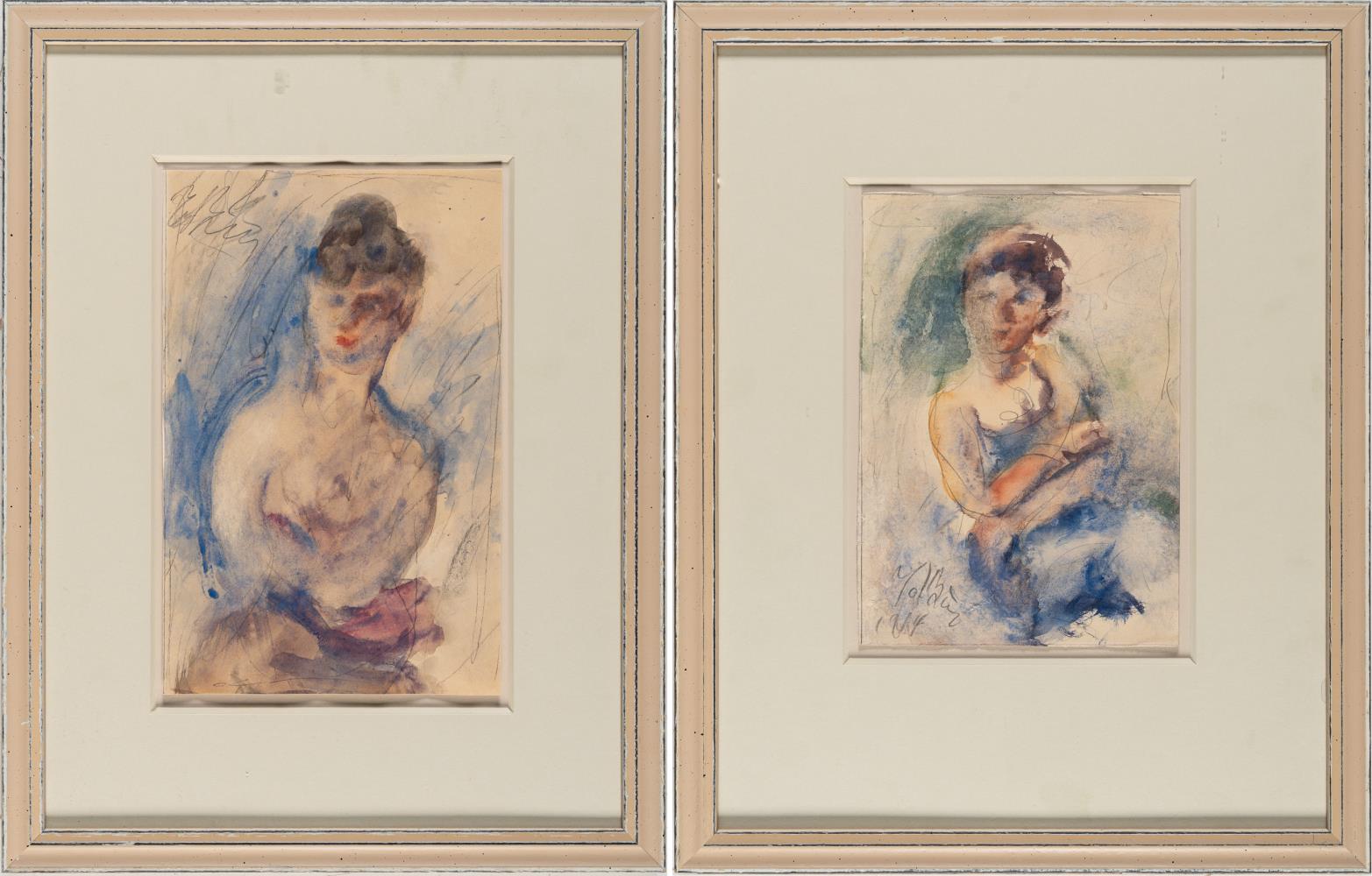 2 sheets: Seated woman in a blue dress – portrait of a lady