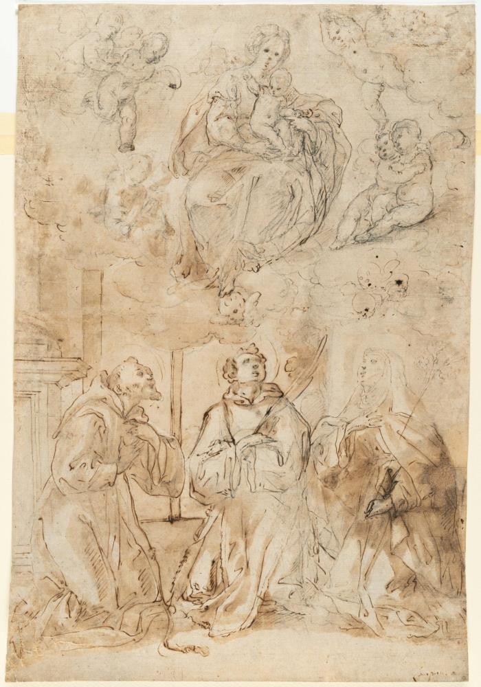 Maria mit dem segnenden Christuskind auf Wolken thronend, angebetet von drei Heiligen