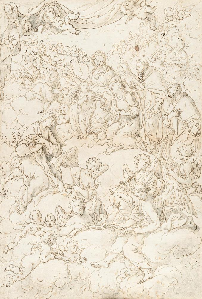 Maria mit Jesuskind in den Wolken, umgeben von Heiligen und musizierenden Engeln