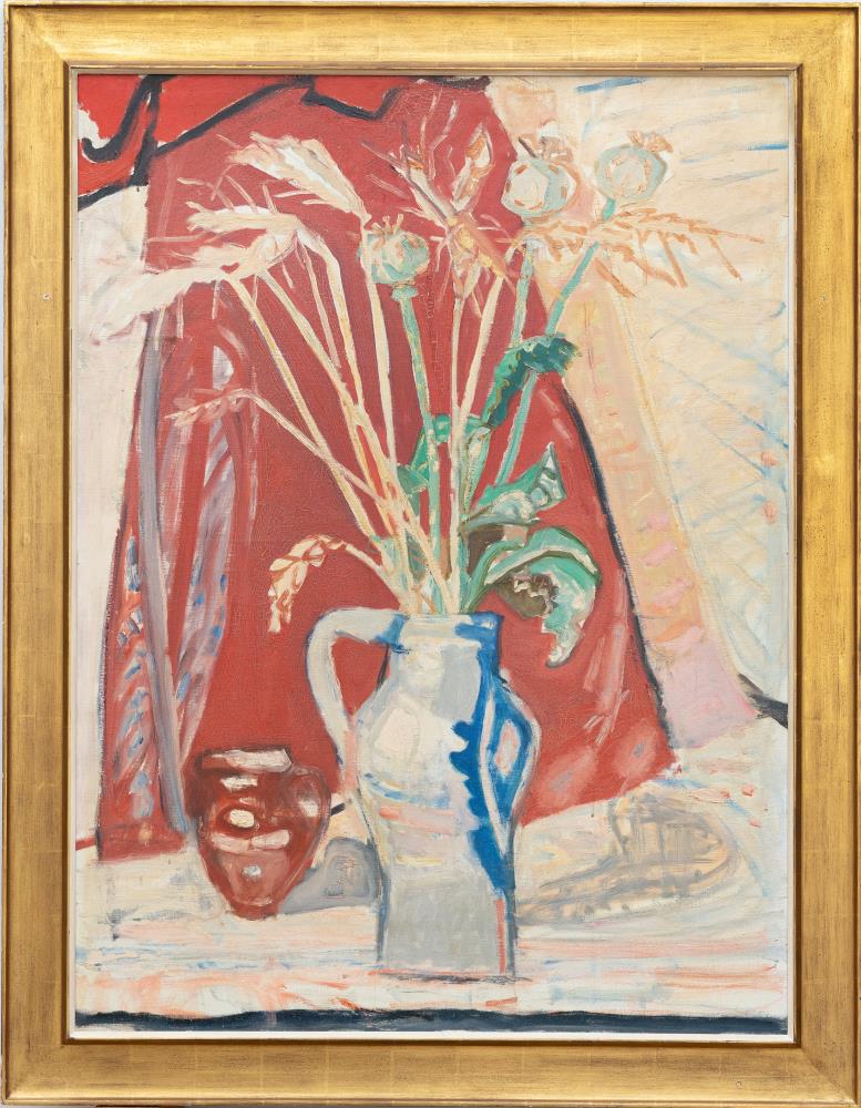 Still life with ears of corn and poppy capsules in a jug