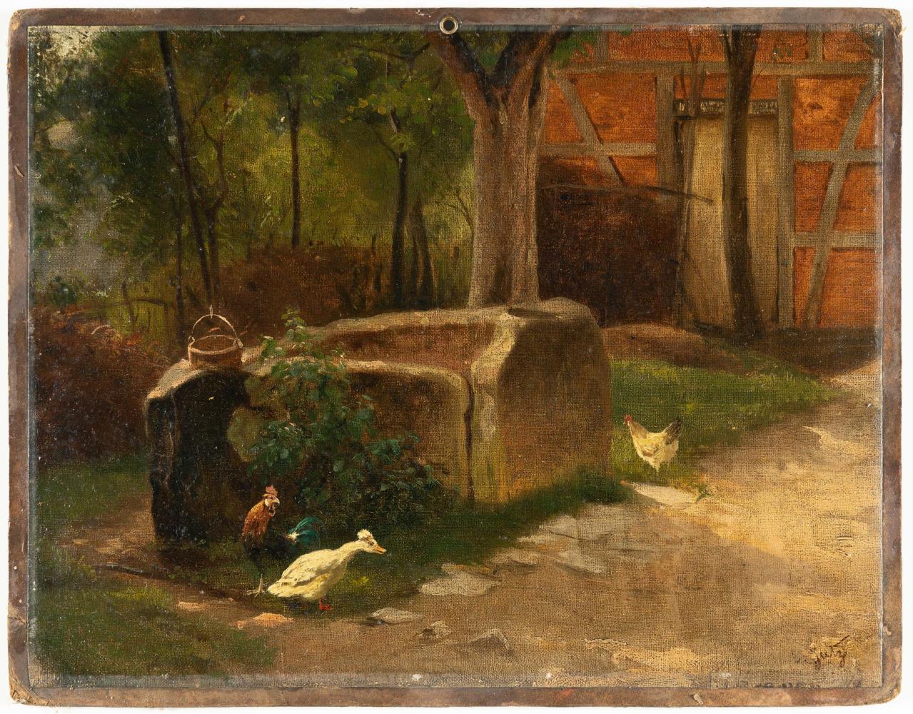 Hühner und Gänse am Brunnen