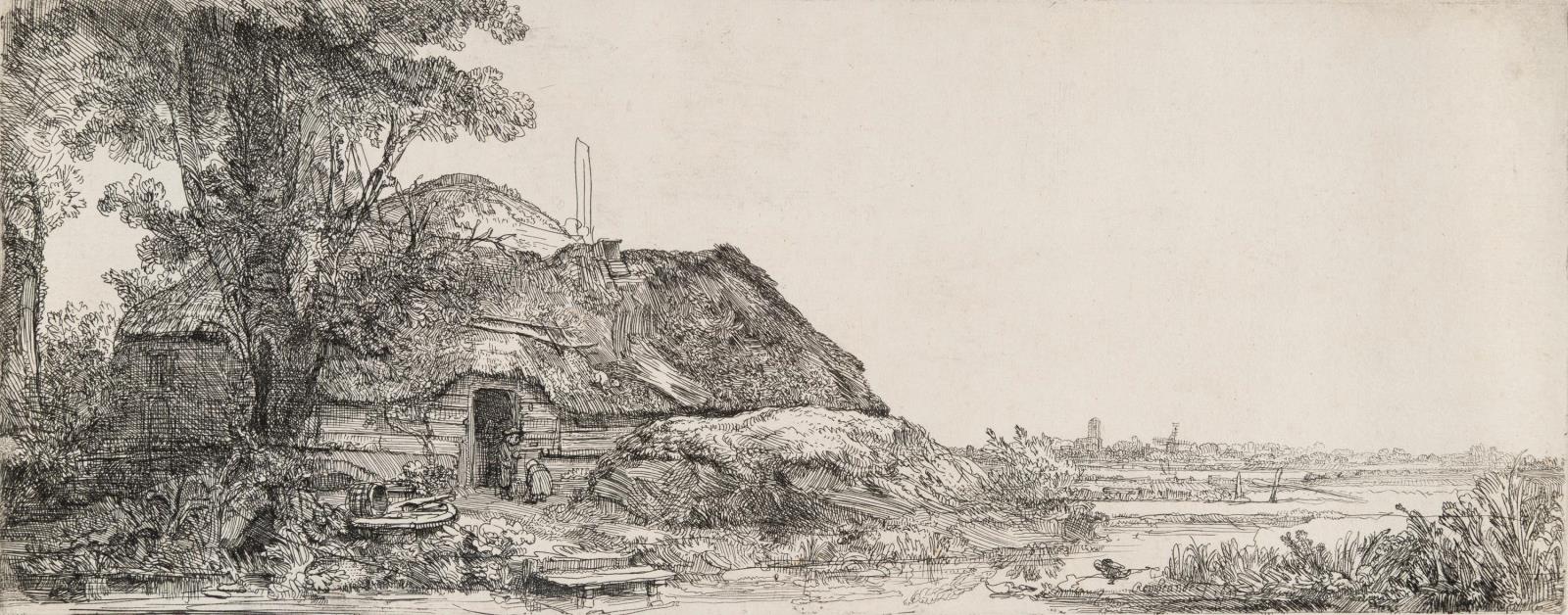 Landschaft mit der Hütte bei dem großen Baum