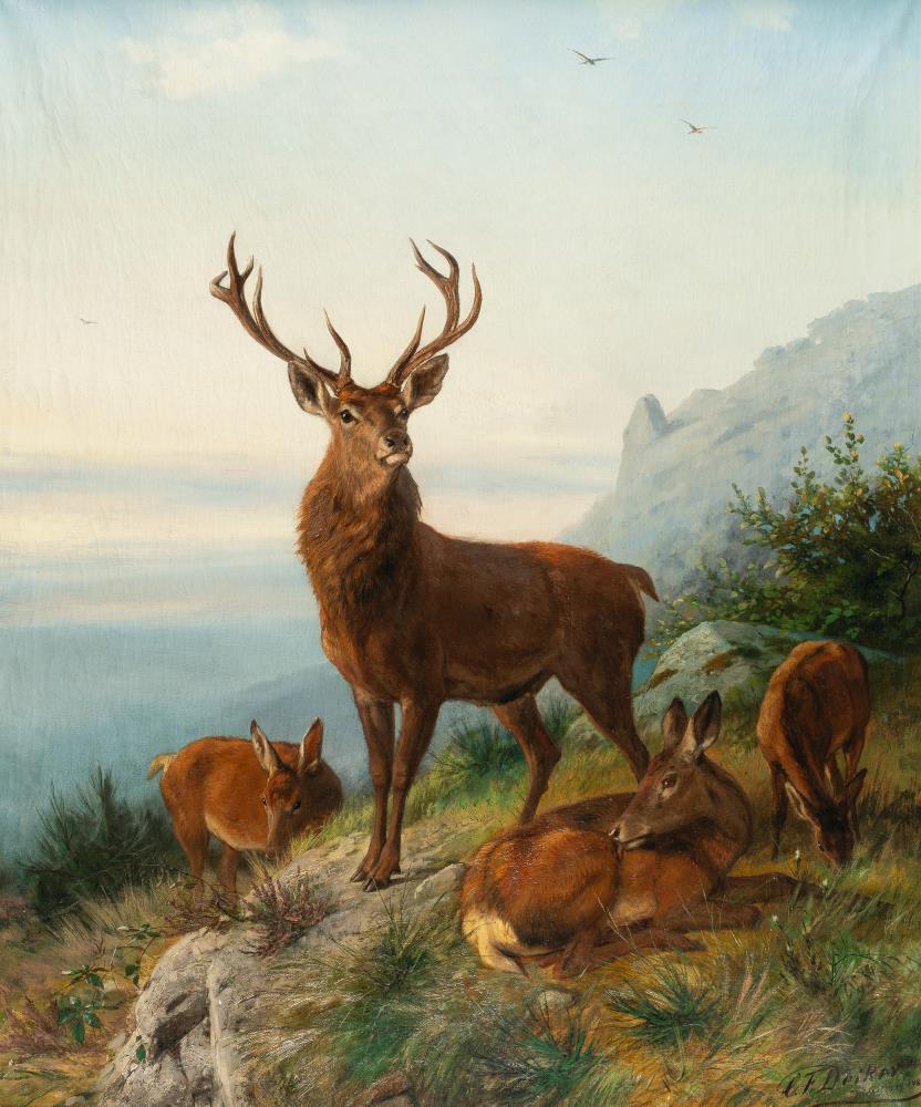 Hirsch und drei Rehe in Berglandschaft