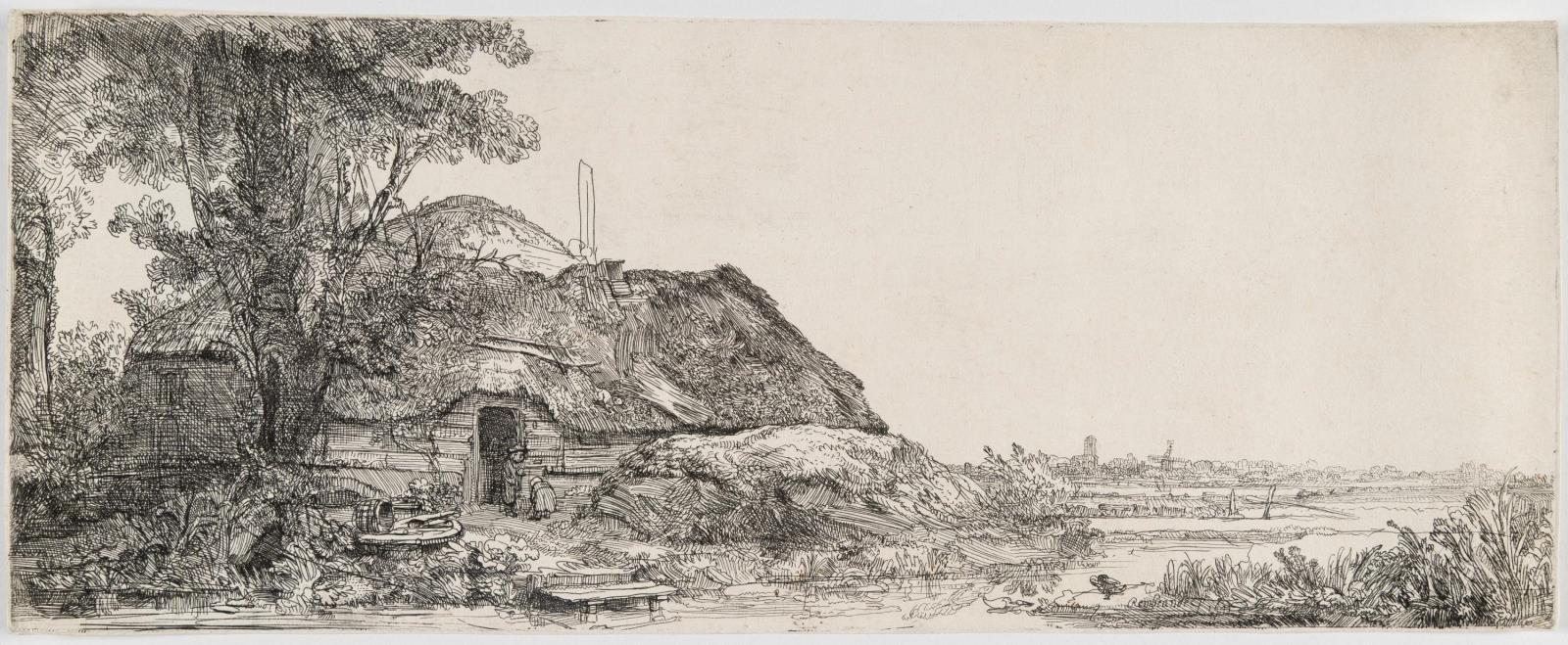 Landschaft mit der Hütte bei dem großen Baum