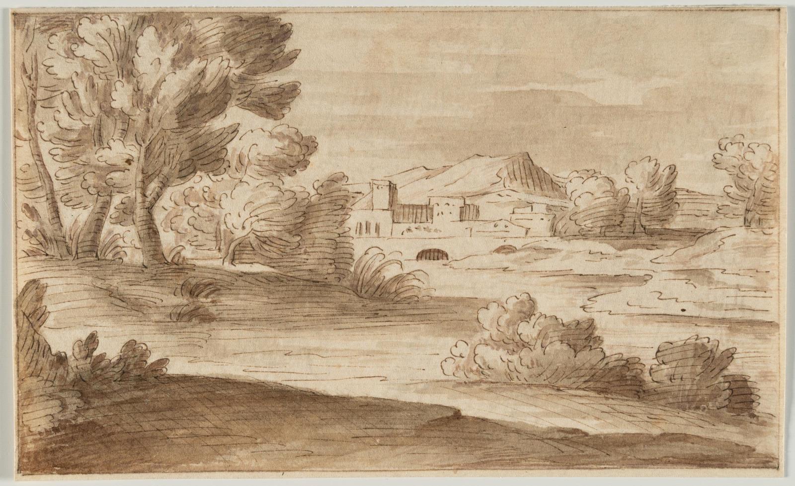 Baumstudie – Italienische Flusslandschaft mit einer Stadt in der Ferne  (recto-verso)