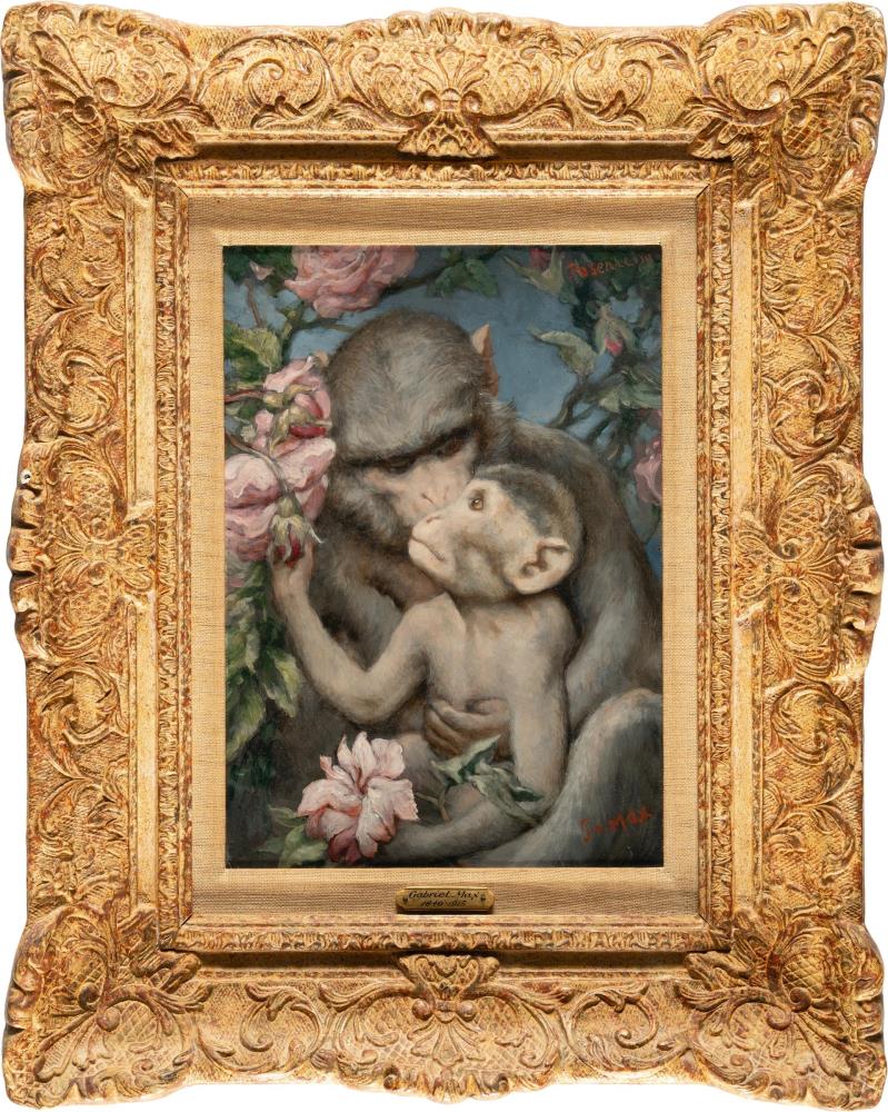 „Rosenheim" (Äffin mit ihrem Jungen, umgeben von Rosenblüten)