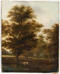 Baumlandschaft mit Viehherde am Ufer