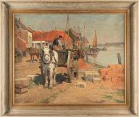 Entladen eines Pferdefuhrwerks am Hafen