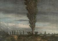Regenlandschaft mit windgepeitschten Pappeln