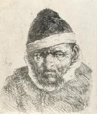 Büste eines mürrischen Alten mit spitzer Mütze