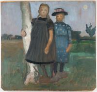 Two girls standing by a birch trunk