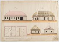 2 Bll.: Bauernhäuser (Fassadenaufriss, Grundriss, Quer- und Längsschnitt einer aus Bauernhaus, Viehhaus und Stadel bestehenden Anlage)