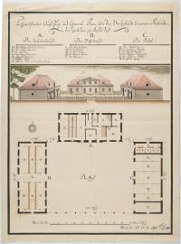 2 Bll.: Bauernhäuser (Fassadenaufriss, Grundriss, Quer- und Längsschnitt einer aus Bauernhaus, Viehhaus und Stadel bestehenden Anlage)