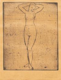 „junges Weib stehend Arme über Kopf verschränkt“