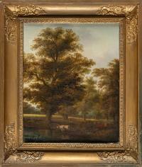Baumlandschaft mit Viehherde am Ufer