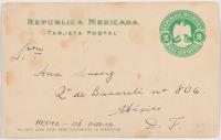 Postcard depicting a landscape with the Popocatépetl volcano in the background