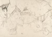 Planwagen mit Pferd und Zigeunerin