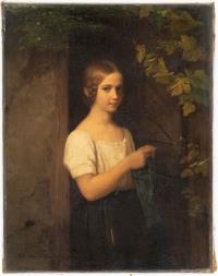 Strickendes Mädchen vor der Haustür