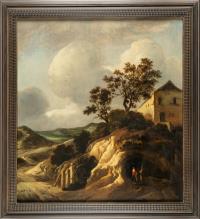 Dünenlandschaft mit Wanderern unterhalb eines Gehöfts