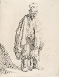 Stehender Bettler mit Mütze und Stock