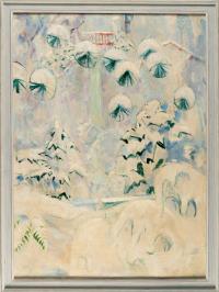 Schneelandschaft mit roter Brücke