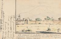Postcard depicting a landscape with the Popocatépetl volcano in the background