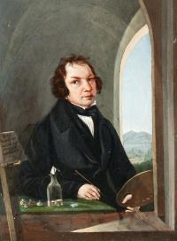 Maler mit Pinsel und Palette vor Fenster mit Landschaftsausblick (Freundesbild)