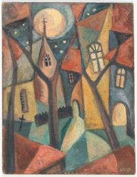 Nocturnal cityscape with church and cemetery