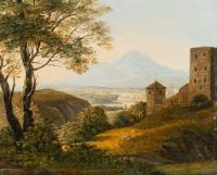 Landschaft mit Festung und Bergpanorama