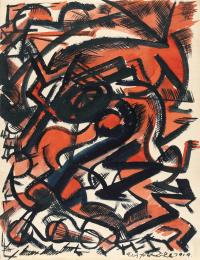 Untitled (Rhythmic-linear composition in black and red) - Ohne Titel (Rhythmisch-lineare Komposition in Schwarz und Rot)