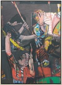 Colourful Figures with a Black Dog